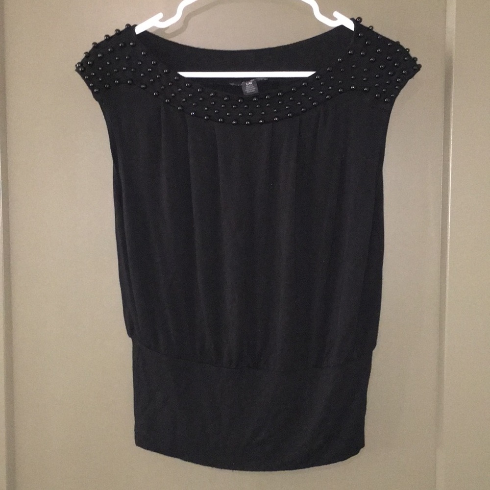 Black capped sleeve top with beaded detail